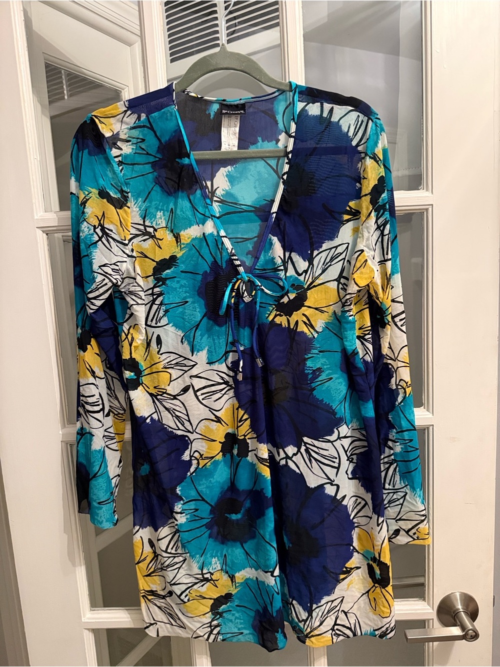 Bright Floral V-Neck Tunic Top in Teal, Navy & Yellow